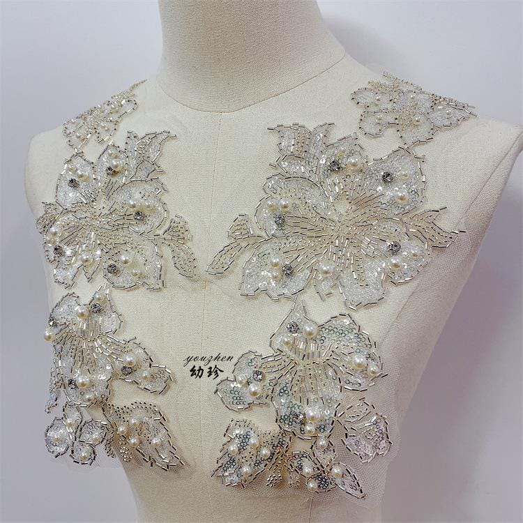 Embroidered Lace Trim: Light Ivory Bridal Wedding Veil Fabric, Sequins (By Yard)