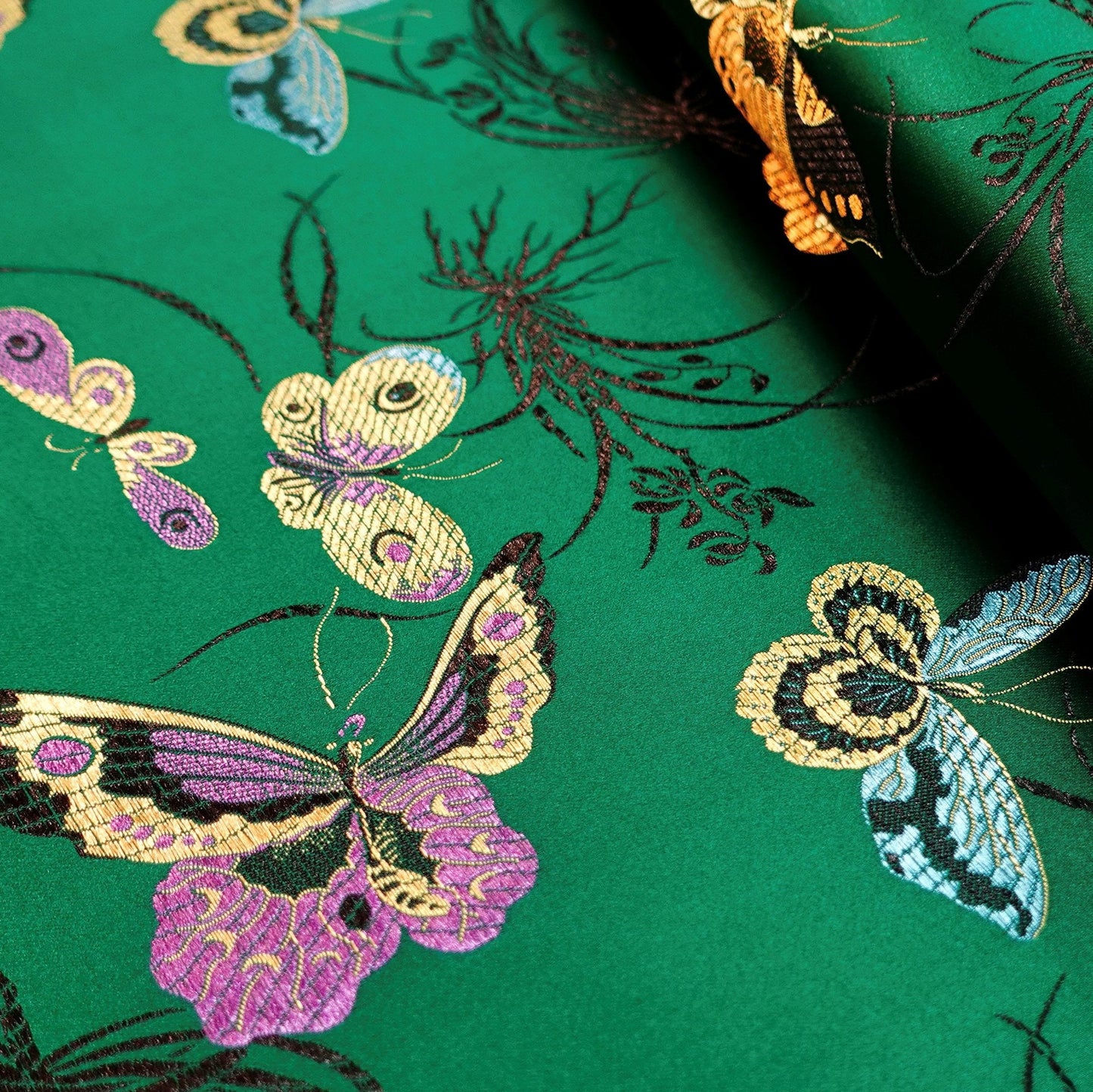Tissu damassé en brocart de soie à papillons : largeur 45 pouces, pour la couture et l’ameublement