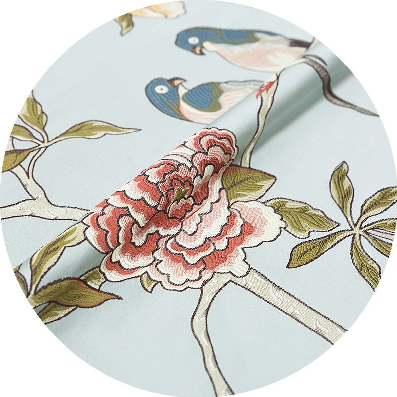 Jacquard Satin Fabric: Chinese Birds & Tree Print, 59" Wide