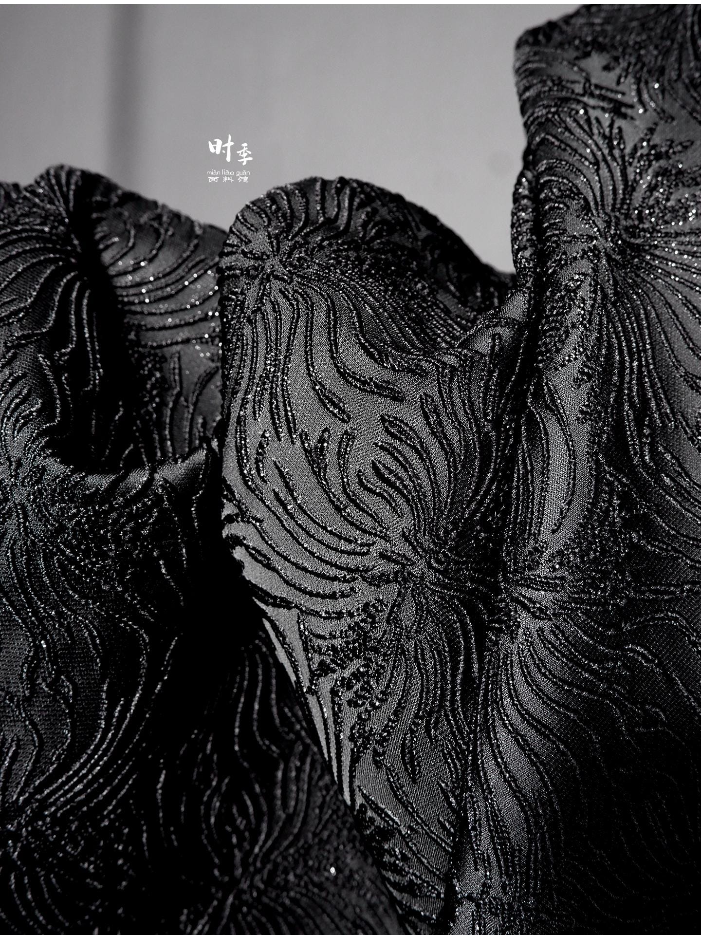 Black Spider Lily Jacquard Fabric | Embossed 3D Floral Brocade, 52" Wide
