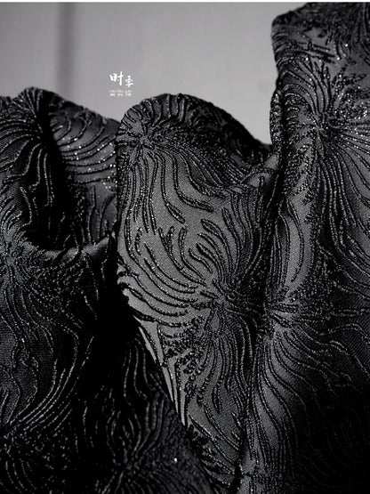Black Spider Lily Jacquard Fabric | Embossed 3D Floral Brocade, 52" Wide
