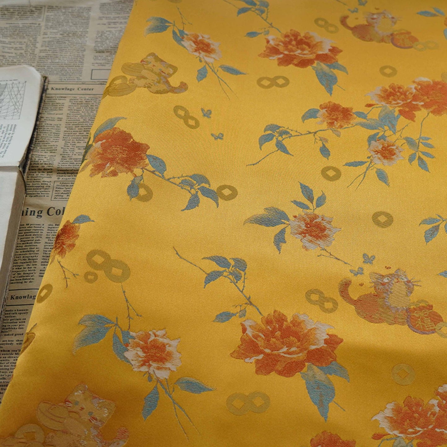 Gold Thread Brocade Fabric: Mongolian Tibetan Style, 55" Wide