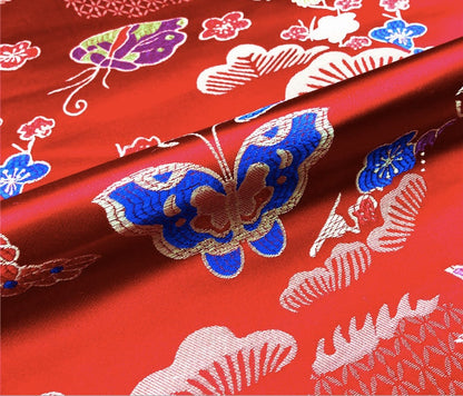 Tissu brocart papillon : jacquard satin rouge, tissu pour robes d'enfants
