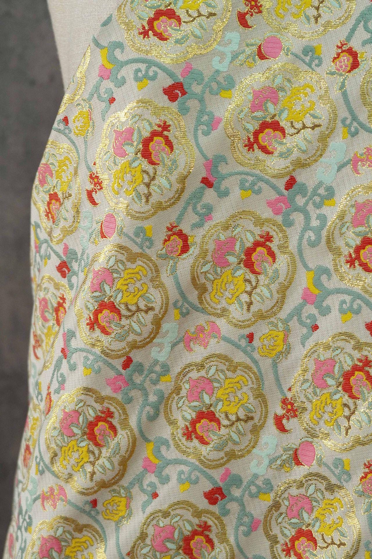 Oriental Medallion Jacquard Fabric, Gold Thread Chinese Textile, 59"W