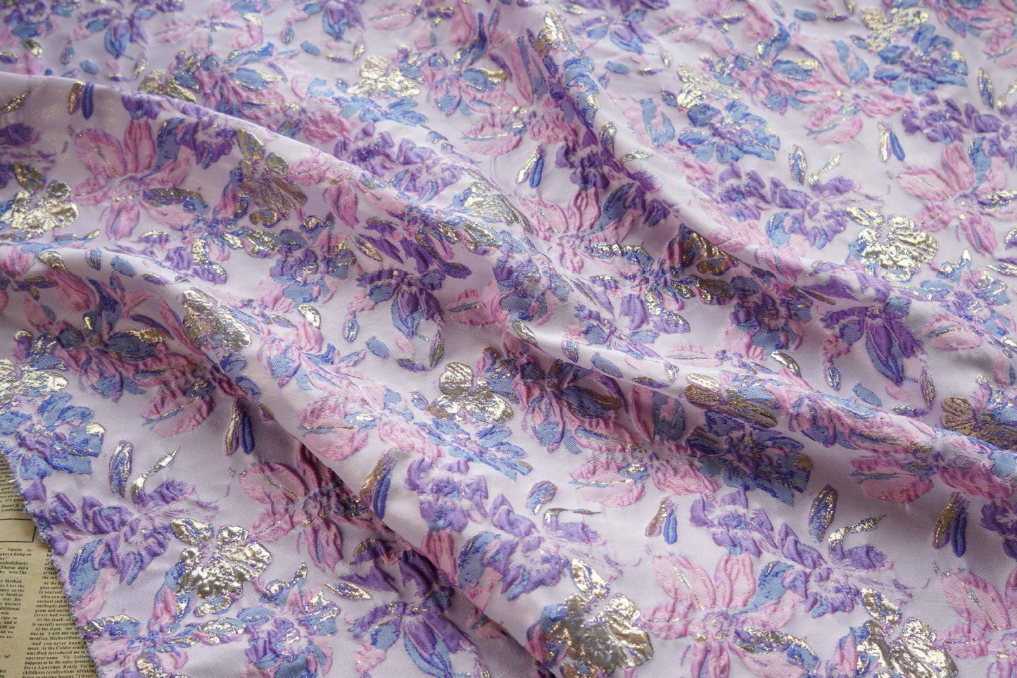 Gold Thread Floral Jacquard Fabric: Pink Purple 3D Designer Fabric, 55"W