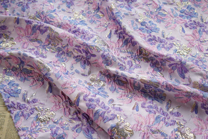 Gold Thread Floral Jacquard Fabric: Pink Purple 3D Designer Fabric, 55"W