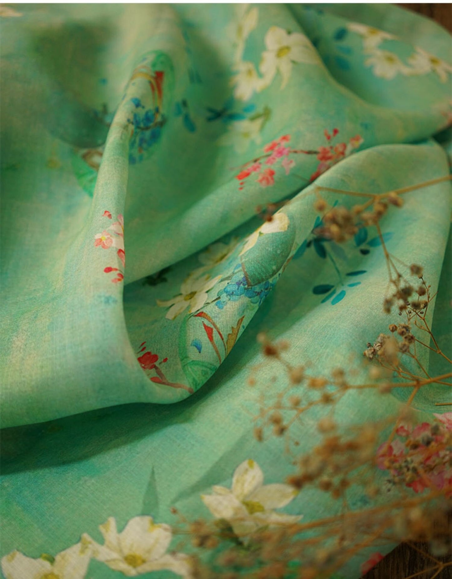 Floral Ramie Fabric: Jade Green Textile, 55" Wide