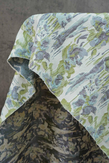 French Abstract Floral Jacquard Fabric: Gold Thread Embossed Woven - 55"W