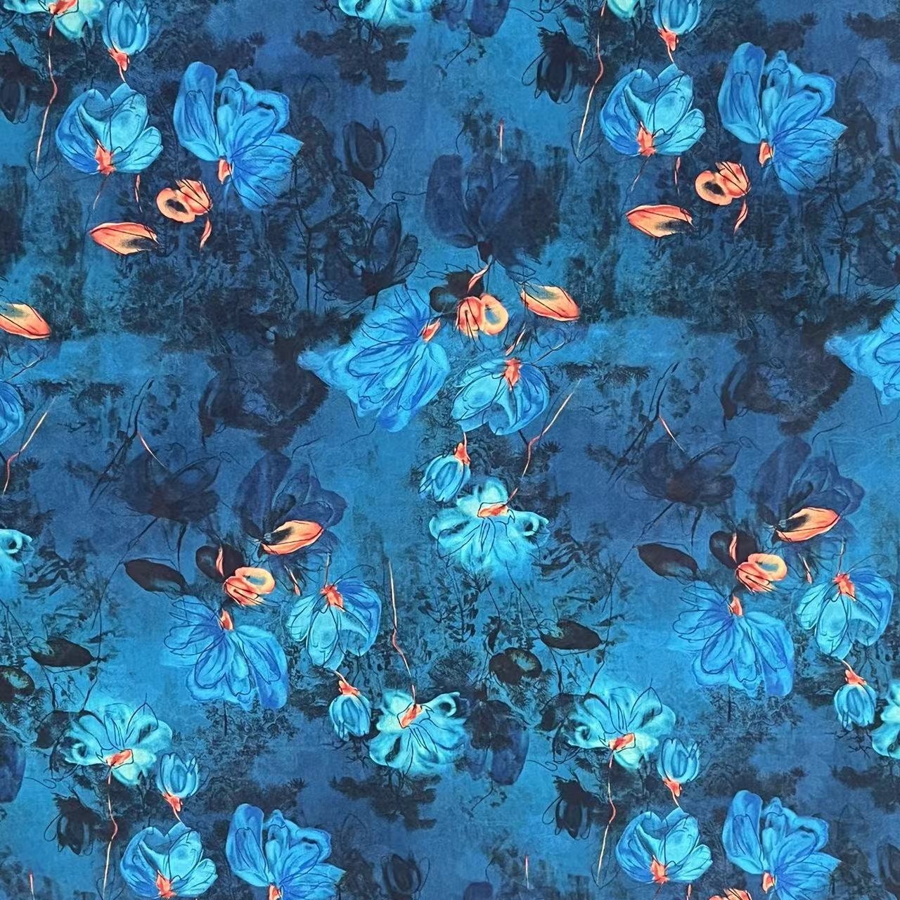 Floral Teal Blue Tea Silk Satin Fabric: 59"W Upholstery & Costume