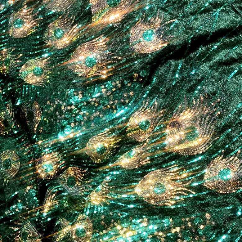 Laser Peacock Sequins Mesh Fabric, Colorful Designer Lace