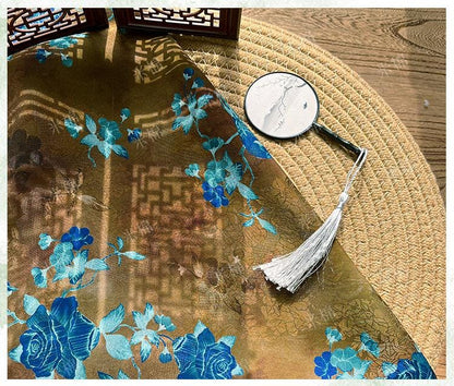 Floral Brocade Fabric ��� Blue Gold Rayon Silk Ble" Wide