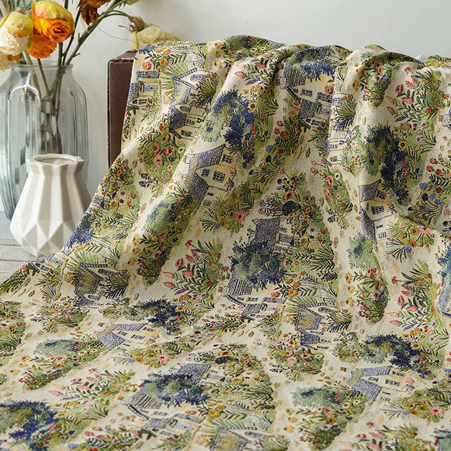 Pastoral Oil Painting Style Jacquard Fabric, Countryside Houses & Floral Weave, 56"Wide