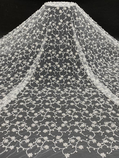 High-End Beaded & Sequin Fabric ��� 4/6/8mm Pearl Embroidery, Wedding Dress, Bridal Gown Material, Prom Dress, Luxury Fashion Fabr"Wide