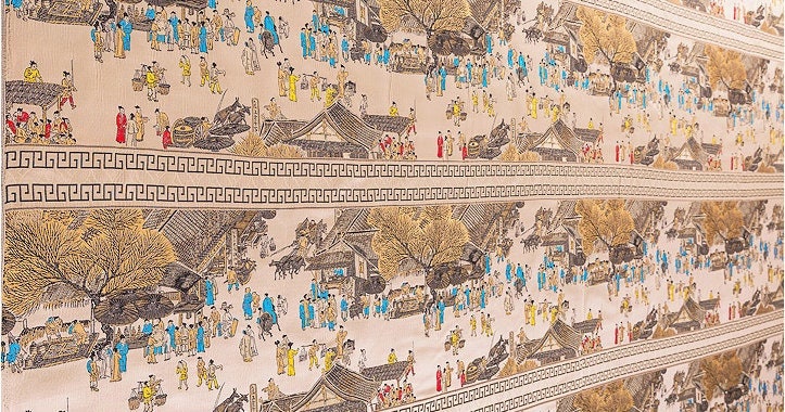 Khaki Silk Brocade Fabric: Ancient Chinese Painting, 118" Wide