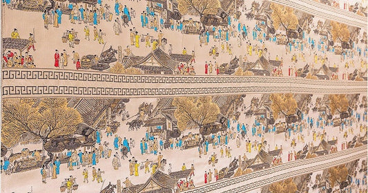 Khaki Silk Brocade Fabric: Ancient Chinese Painting, 118" Wide