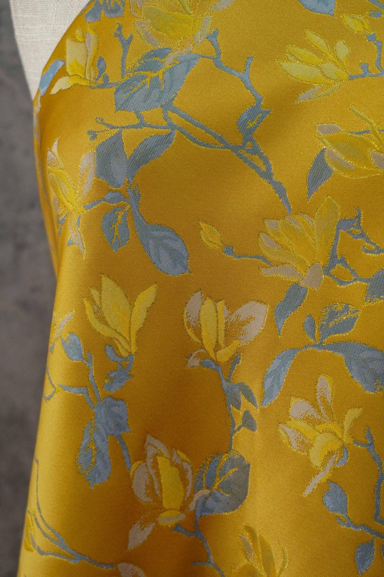 Yellow Magnolia Double-Sided Jacquard Upholstery Fabric ��� Elegant Home Decor Material by the Ya"Wide