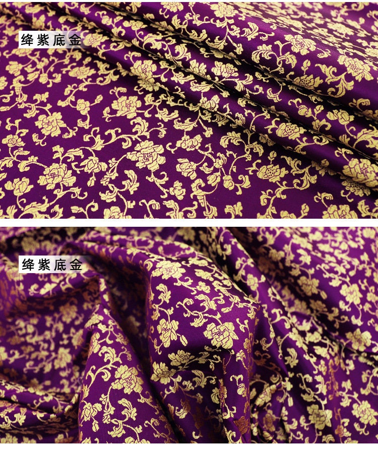 Damask Brocade Fabric: 35"W Chinese Floral Jacquard Satin, Rayon by the Meter