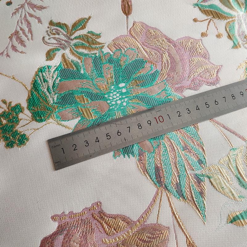 Gold Embossed Floral Jacquard Fabric: Pink Peach Dressmaking Material, 57" Wide