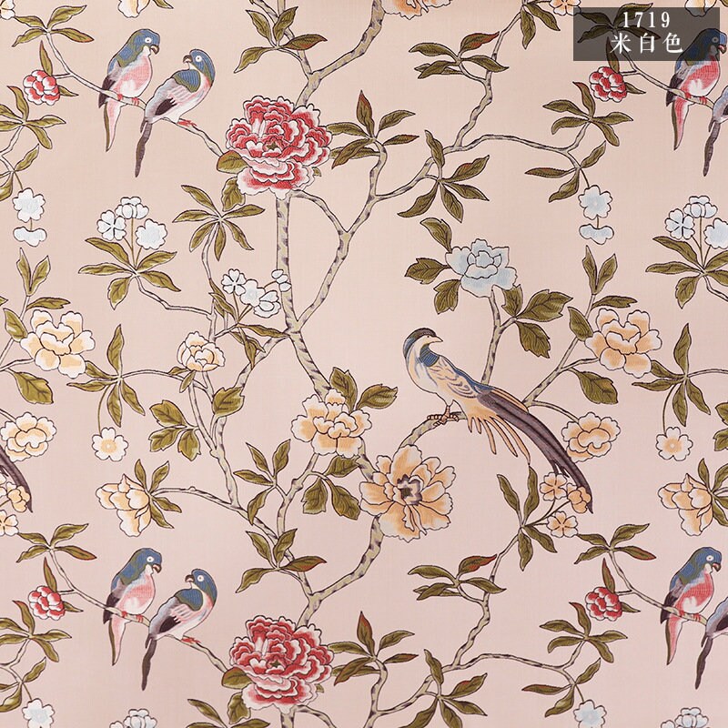 Jacquard Satin Fabric: Chinese Birds & Tree Print, 59" Wide