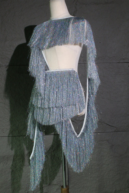 Tissu à franges argentées pour la danse : franges en polyester de 20 cm, décoration à faire soi-même