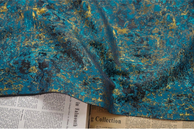 Tissu jacquard bleu paon galaxie : ameublement, costumes, décoration - 160 cm de large