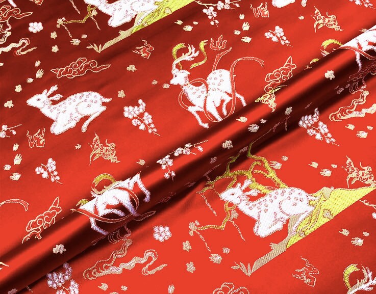 Christmas Reindeer Brocade Fabric: Red Holiday Sewing Material