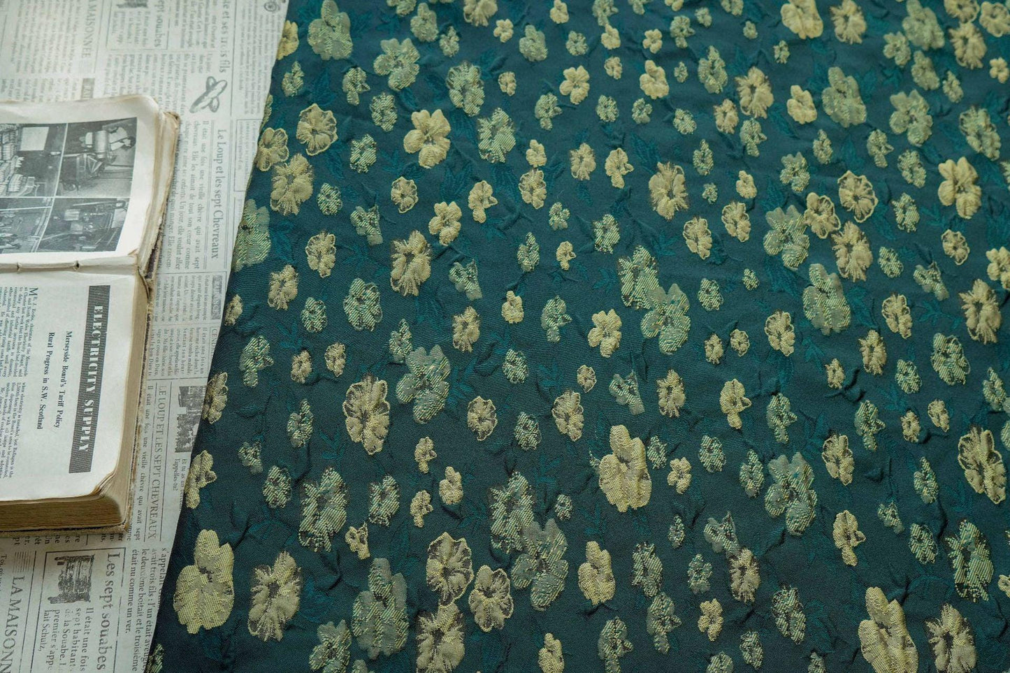 Green Floral Brocade Fabric: Embossed Jacquard Sewing Material, 57" Wide