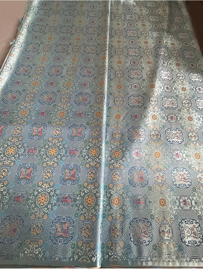 Silver Blue Song Brocade Fabric: 55"W Chinese Wishful Window Grilles Rayon
