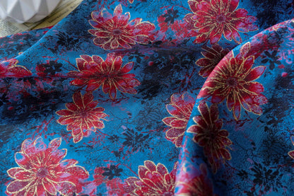 Gold Thread Floral Jacquard Fabric: Blue & Red Costume Dress Material