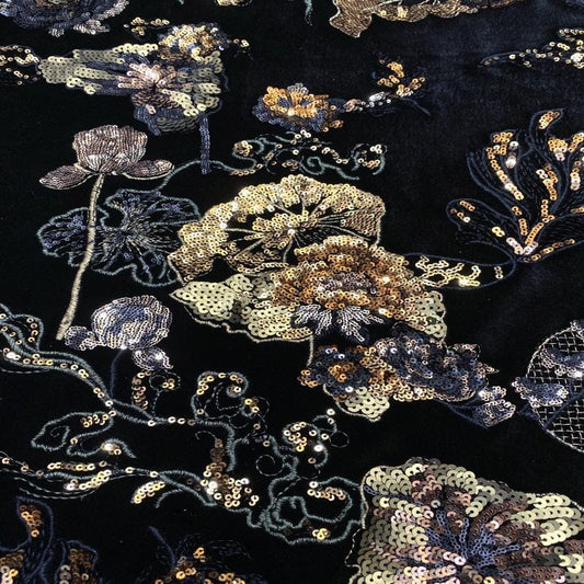 Vintage Sequined Velvet Fabric: Gold Metallic Embroidery, DIY Crafts (49" Wide)