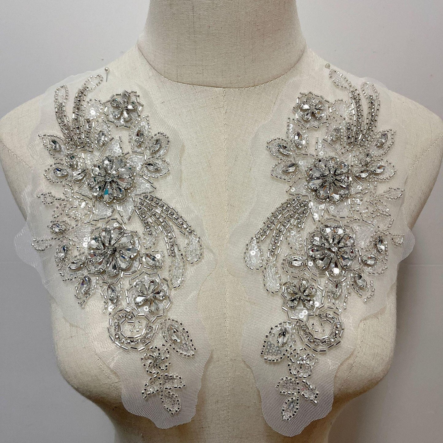 Embroidered Lace Trim: Light Ivory Bridal Applique with Sequins (By Pair)