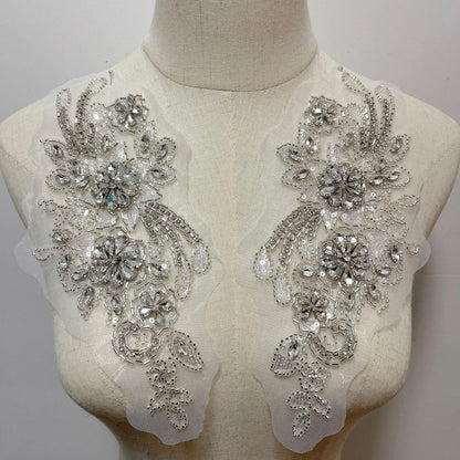 Embroidered Lace Trim: Light Ivory Bridal Applique with Sequins (By Pair)