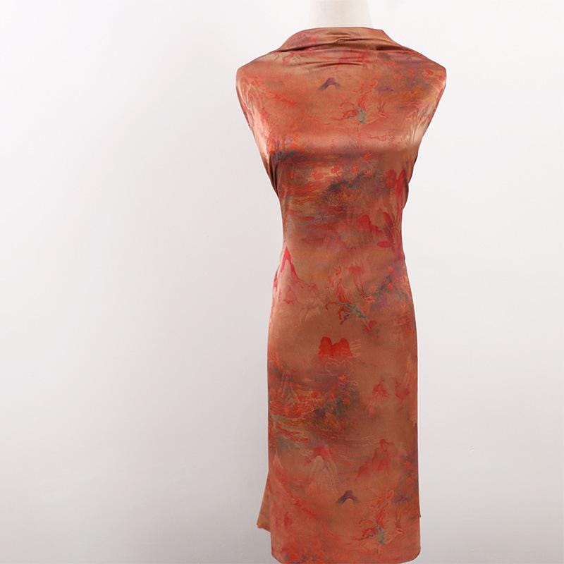 Butterfly Tea Silk Satin Fabric: Ancient Print, 59" Wide