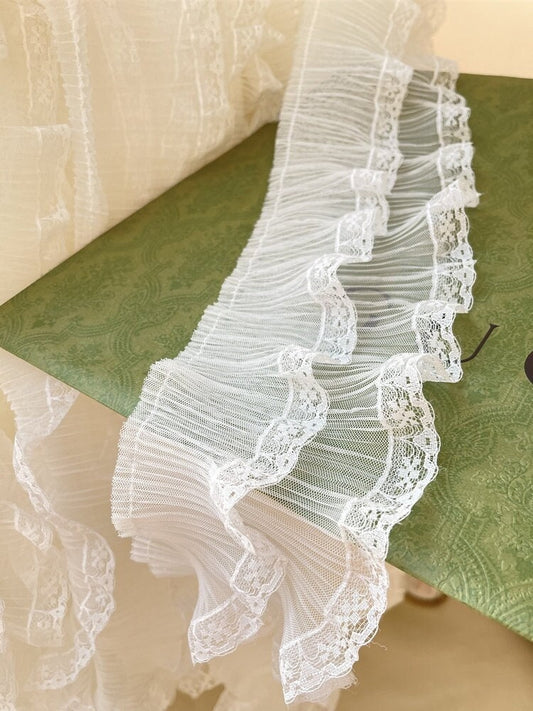 Bordure en dentelle plissée blanche, tissu à volants, largeur 4,3 pouces