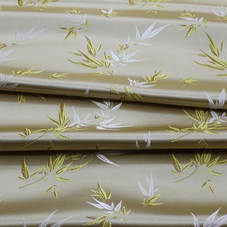 Light Gold Silk Brocade Fabric: Bamboo Leaves & Flowers