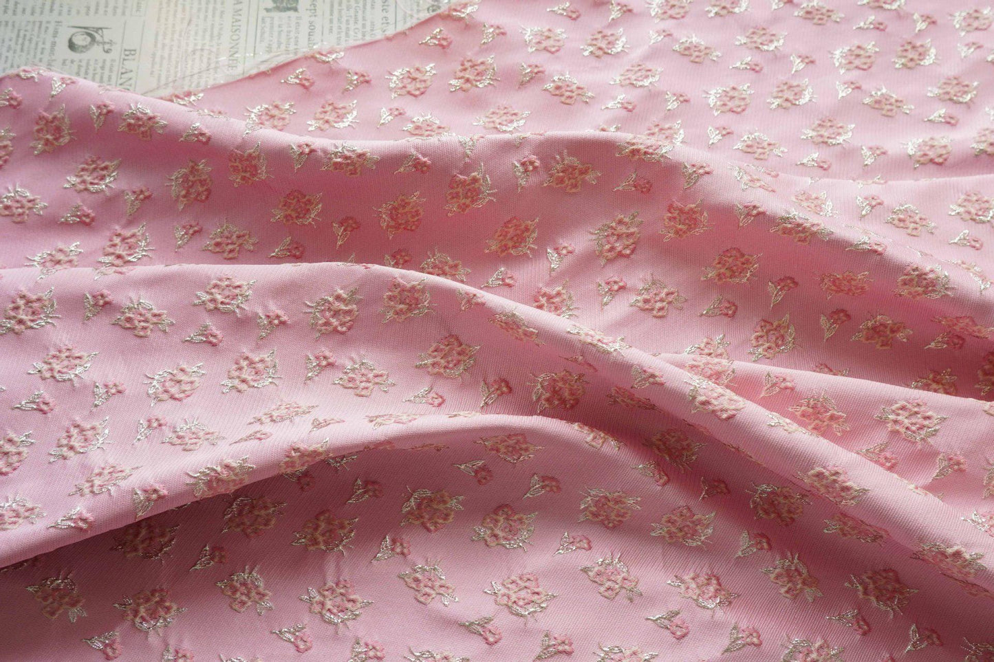 Pink Floral Jacquard Fabric: Gold Thread Brocade, Luxury Dressmaking Fabric