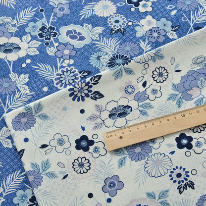 Japanese Blue Cotton Fabric: Floral Print Sewing Material