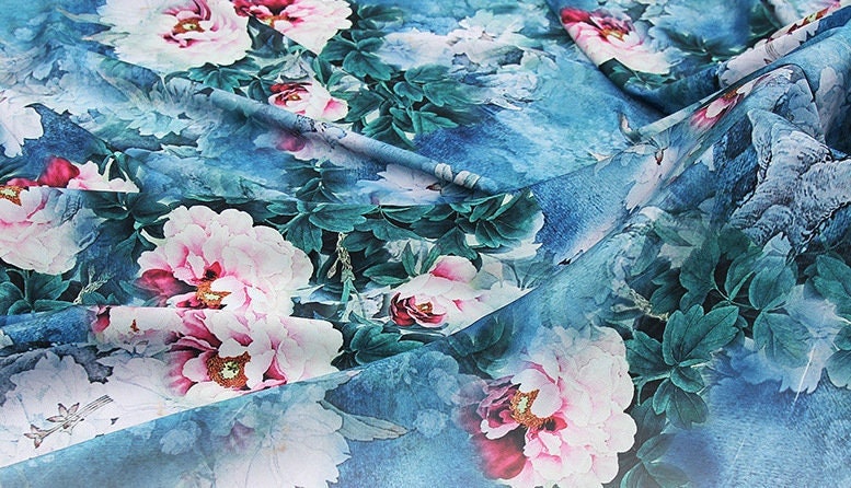 Floral Silk Damask Fabric: Green Lotus Print, 59" Wide