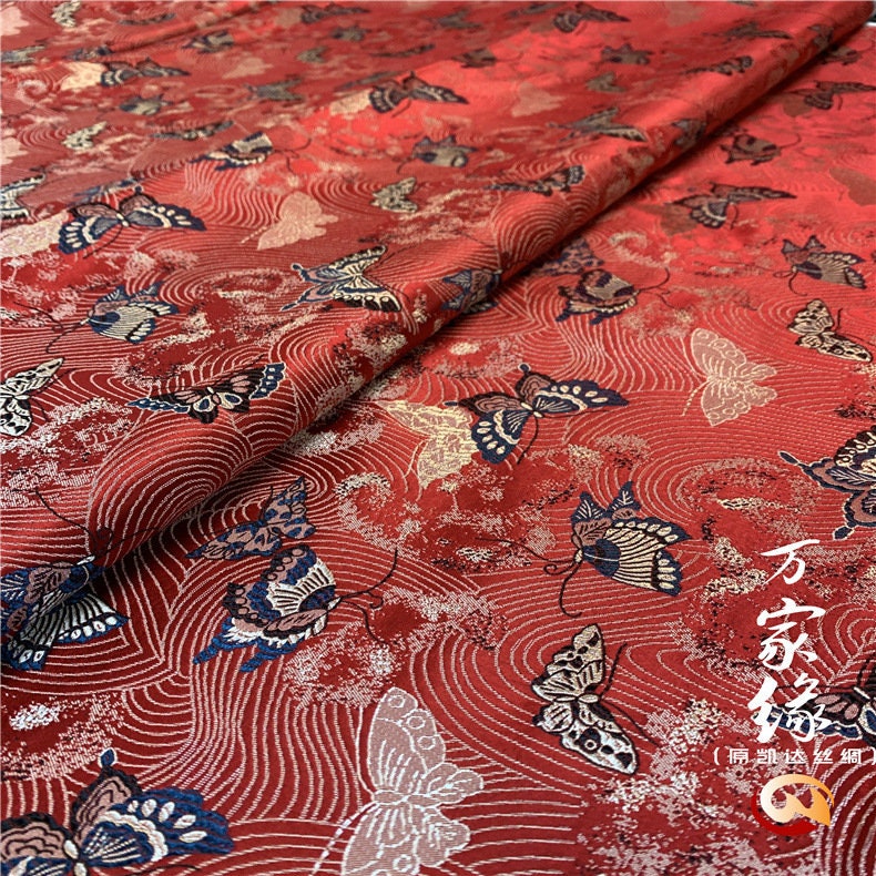 29.5"W Pure natural silk brocade, Butterfly Traditional Wedding Brocade, Jacquard mulberry silk Damask fabric, Upholstery, Decor, Costume