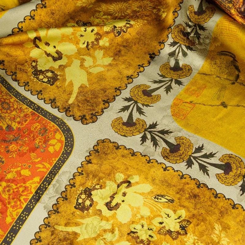 Ancient Dunhuang Tea Silk Satin Fabric: Floral Print, 59" Wide