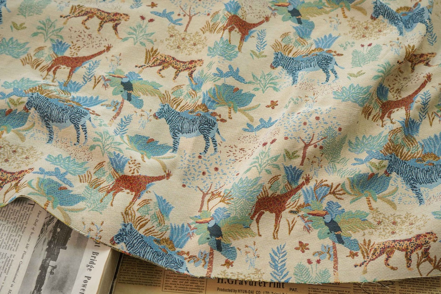 Jacquard Fabric: Zebra Giraffe Zoo Print, Upholstery Sewing Material (59"W)