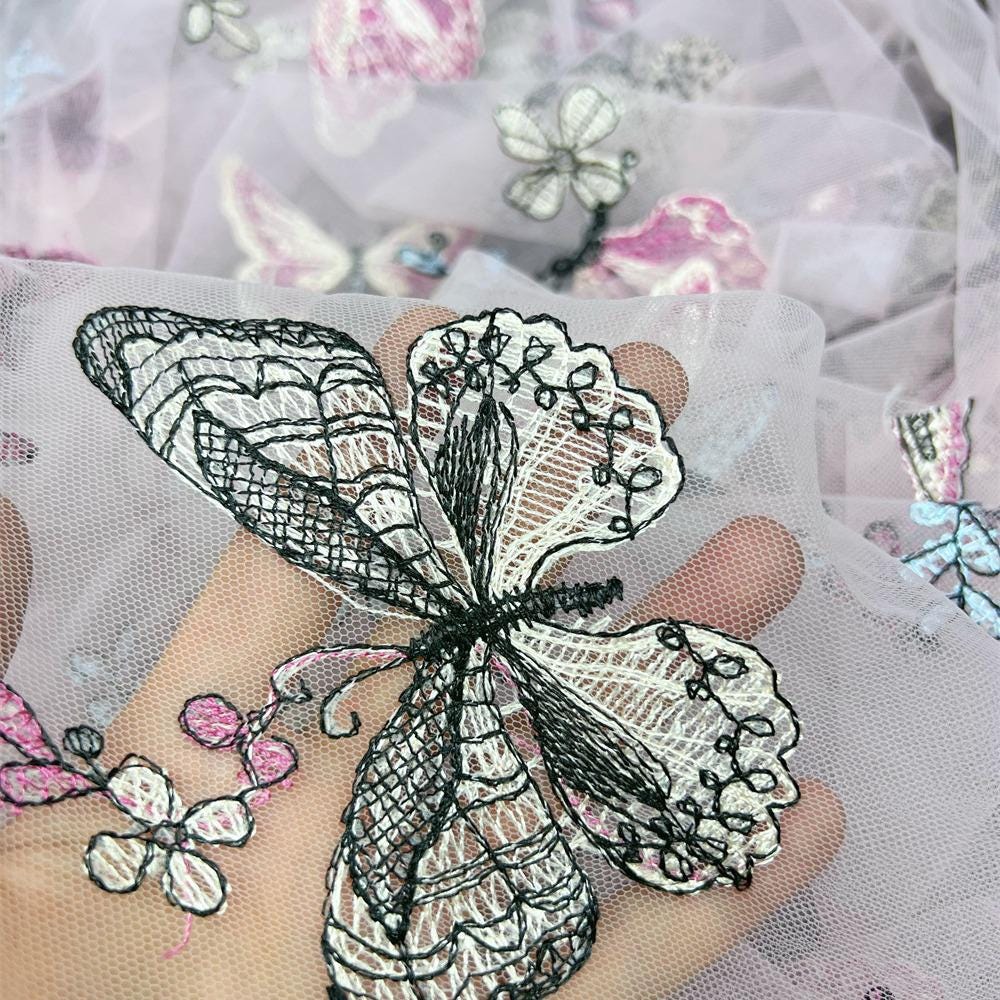 Embroidered Butterfly Lace Fabric: Sequin Tulle Mesh, 59" Wide