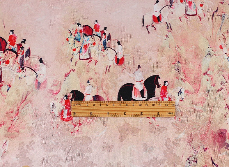 Tissu en soie à motifs de la dynastie Tang : 150 cm de large, imprimé numérique sur satin