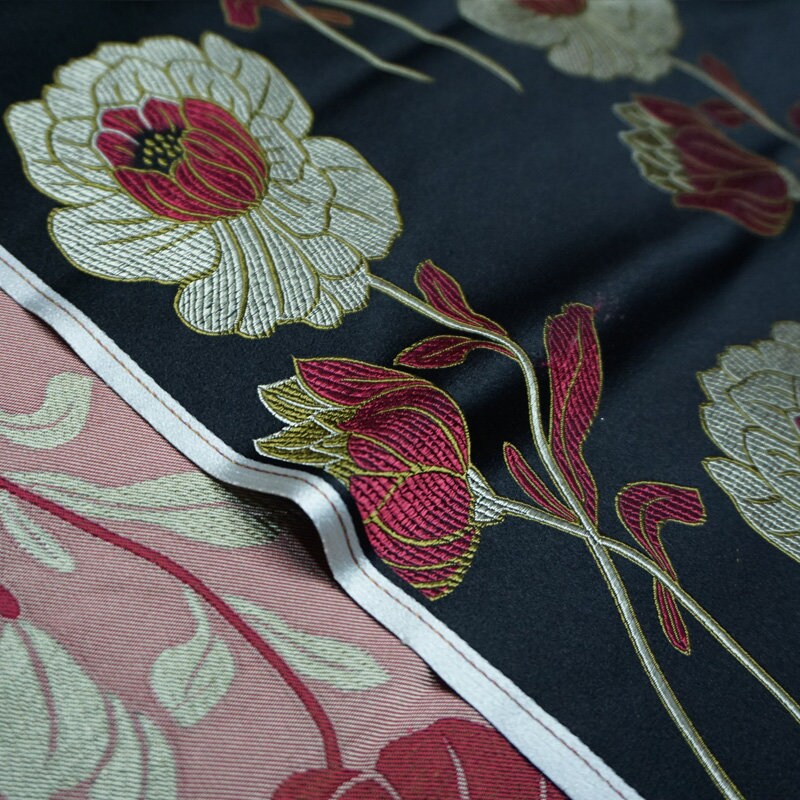 Lotus Brocade Fabric: Red Silk Blend Tibetan Textile (29"W)