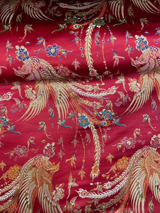 Phoenix Jacquard Satin Fabric: Birds Homage, Red Upholstery Fabric (29.5"W)