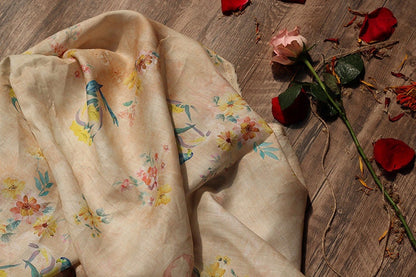 Floral Bird Print Ramie Fabric: Soft Breathable Textile, 55" Wide