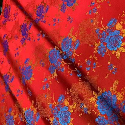 Tissu brocart de soie : motif de roses, tissu de mariage chinois (au mètre)