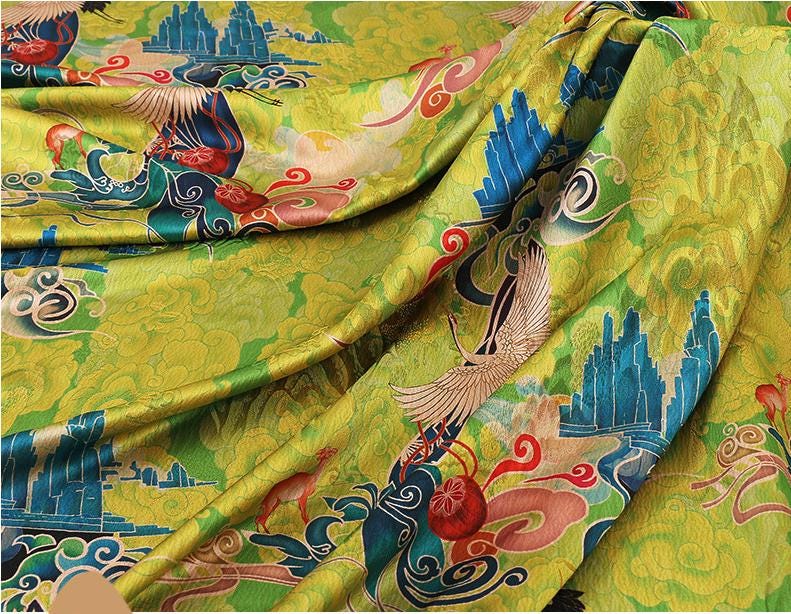 Phoenix Flower Tea Silk Fabric: Digital Print Upholstery, Costume, Drapery (59"W)
