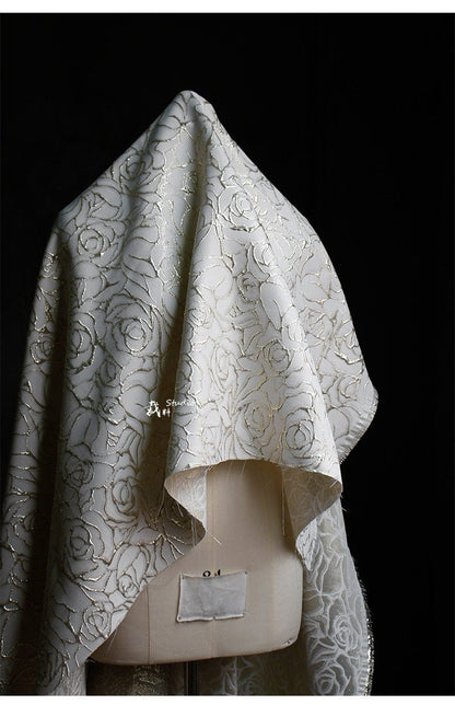 Gold Thread Rose Jacquard Fabric: 3D Texture Designer Sewing, 55" Wide