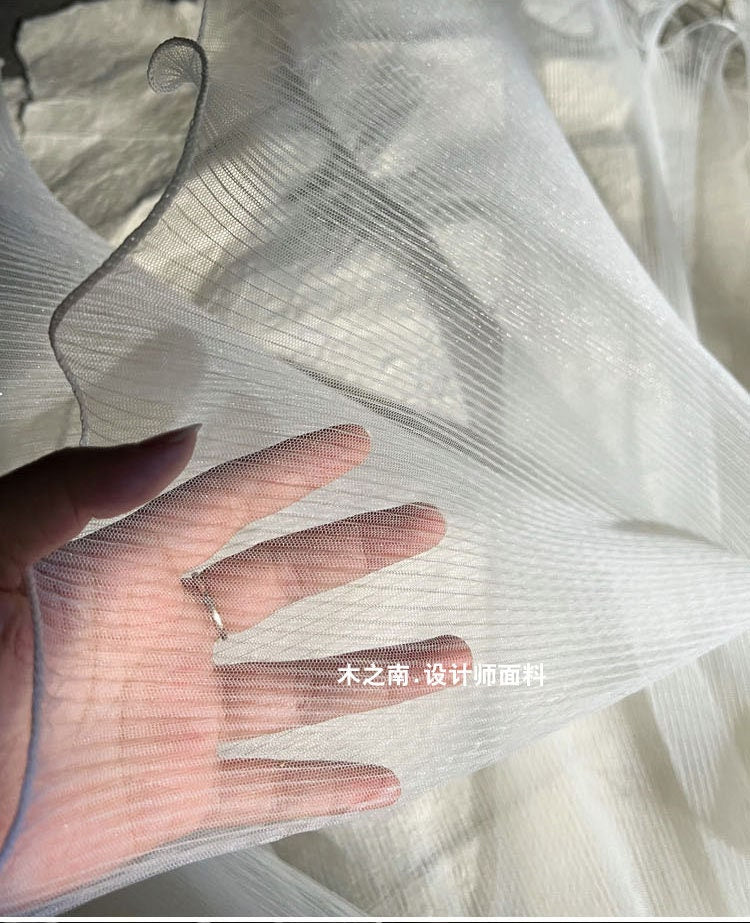 White Pleated Ruffle Organza Fabric: 3D Folds, Stiff Texture, 20"W